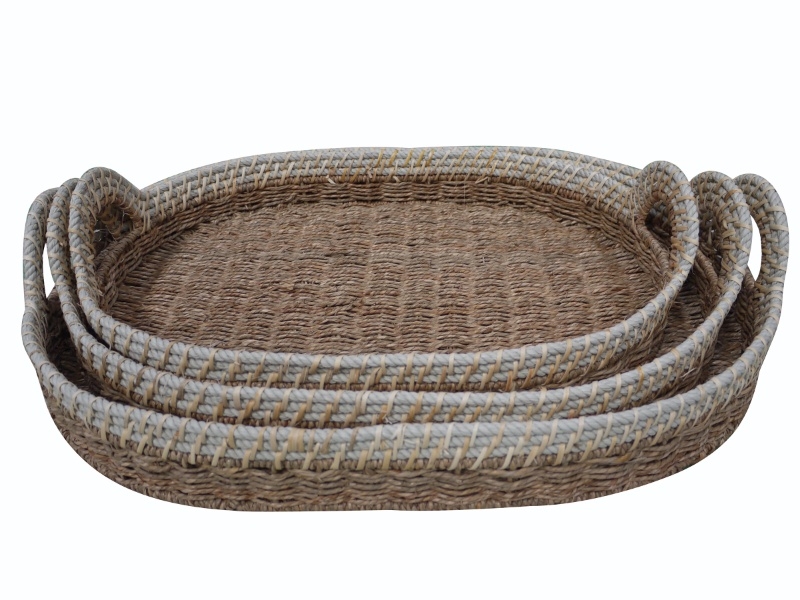 Exquisite Oval Seagrass Serving Trays with Rope Rim - Handwoven Home Decor Set